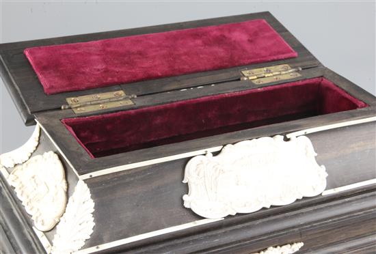 A late 19th century Indian ivory and ebony Trivandrum School of Arts casket, 15.5 x 9in. height 6.25in.